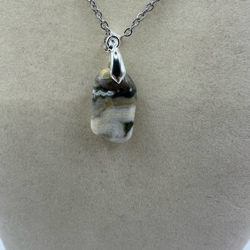 Natural Ocean Jasper Pendant Necklace on Stainless Steel Chain - Picture 5 of 9